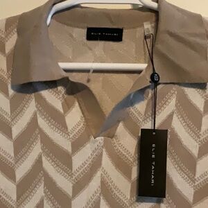 ELI TAHARI SILK COTTON IVORY BEIGE CHEVRON KNIT V-NECK PULLOVER SWEATER M NWT